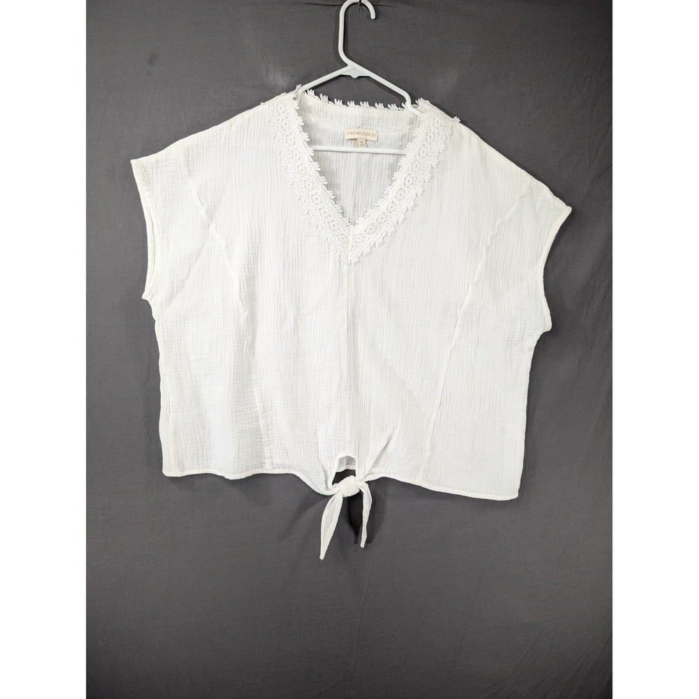 Cynthia Rowley White Lace Trim V-Neck Tie Front Gauze Top Plus Size 1X